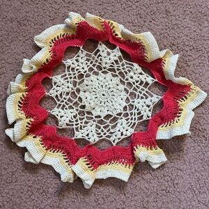 VTG HAND CROCHETED DOILY 11” White Pink Yellow Vintage Handmade Ripple